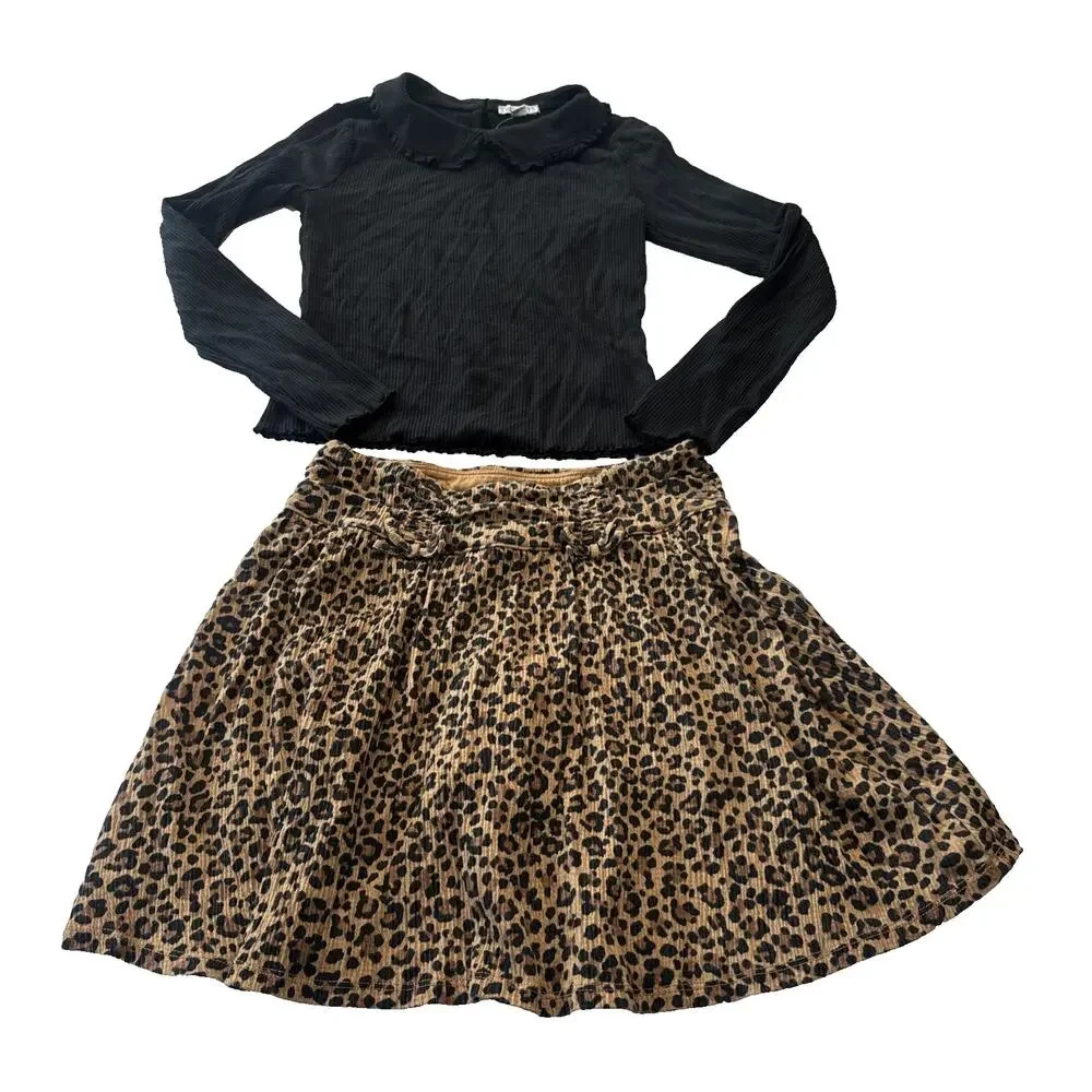 J.Crew Crewcuts Girls XL 12/14 Blouse Leopard Corduroy Skirt Set Bow Accents